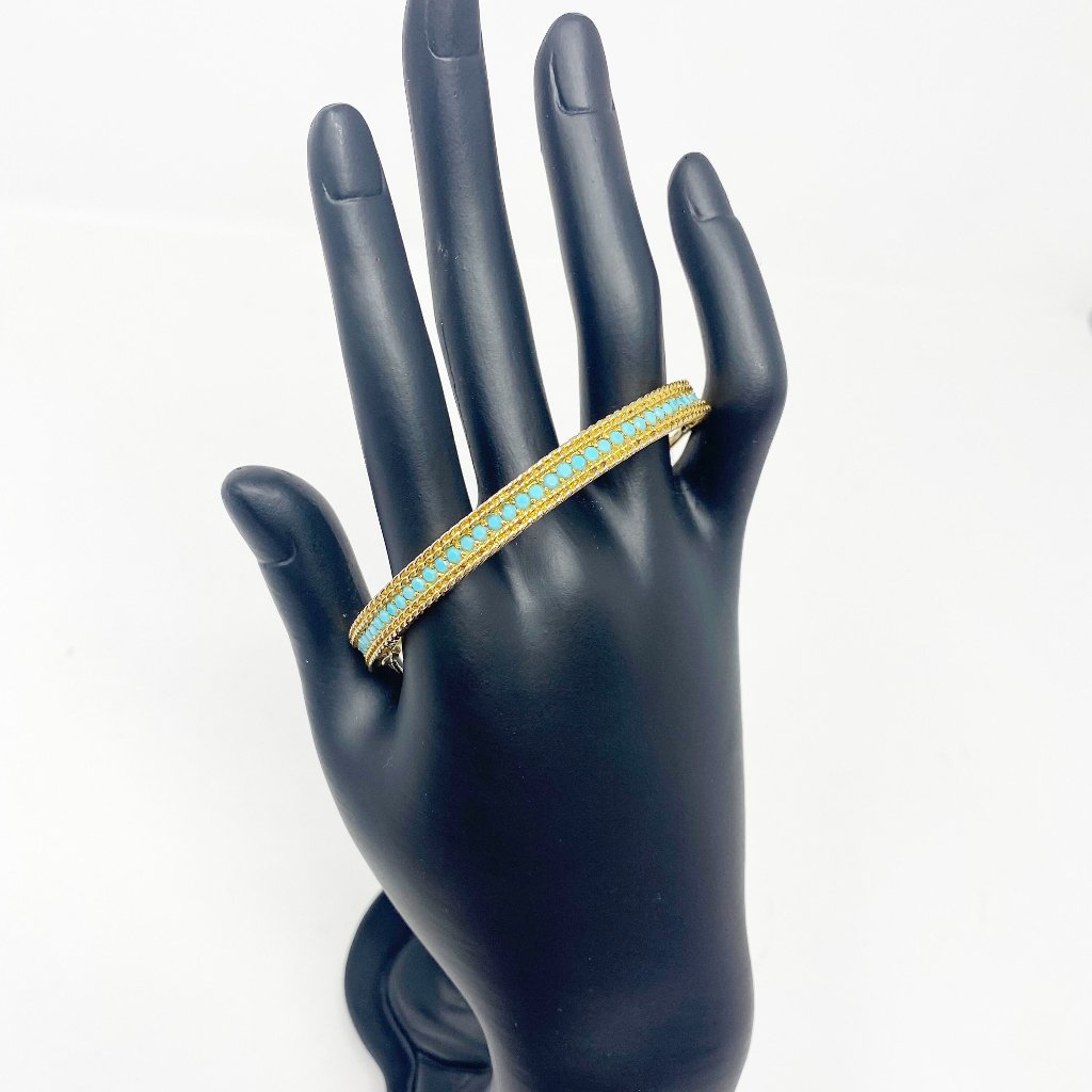 508 Vintage Panetta Gold Tone Bracelet With Turquoise Channel Set Rhinestones